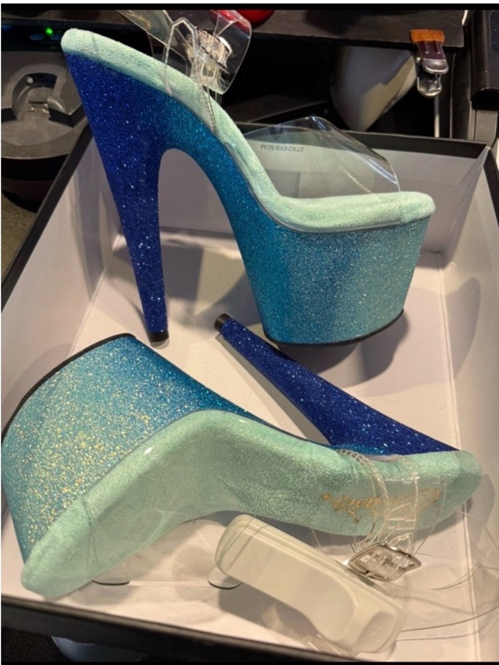 Clear-Strap Glitter Platform Heels in Aqua and Royal Blue